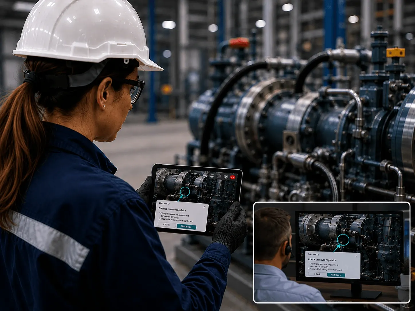 Field-service engineer at a customer plant following a Dropslab procedure on a tablet while a remote expert sees the same view on a desktop screen