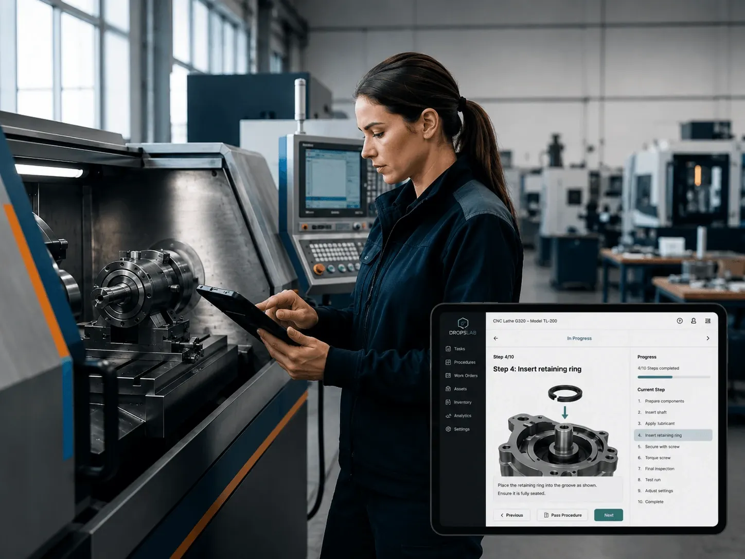 Operator at a CNC lathe following a Dropslab guided procedure on a tablet, step 4 of 10, insert retaining ring