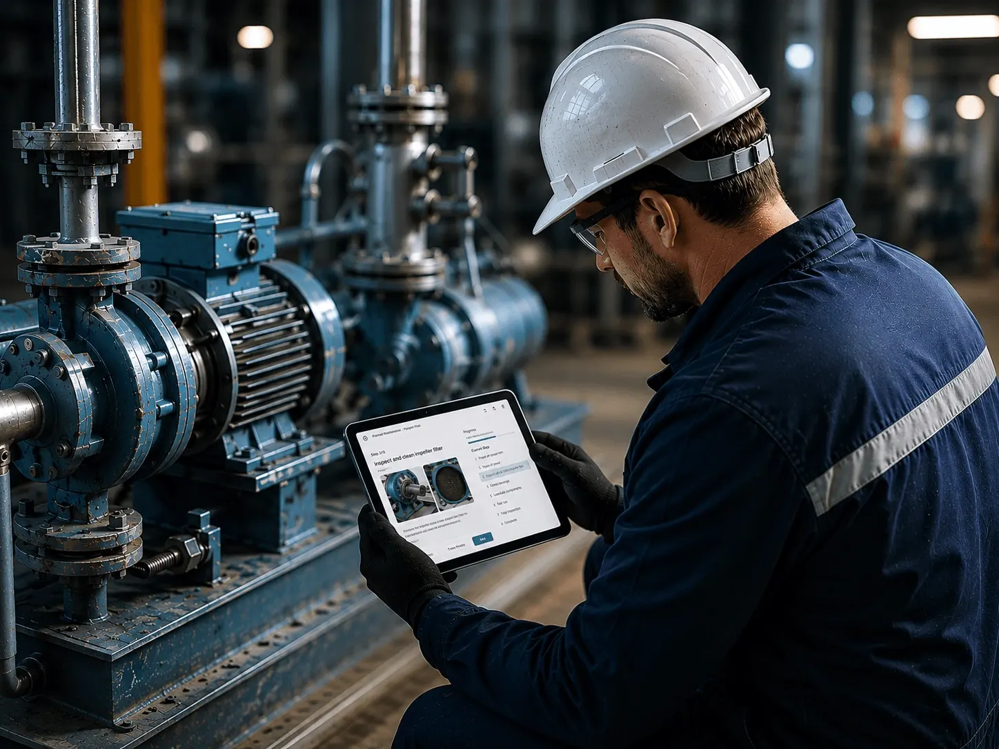 Maintenance technician in a hard hat using the Dropslab mobile app to run a guided preventive check on a process-plant pump
