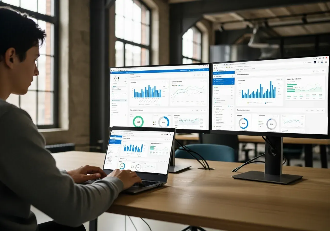 Person at a laptop with workflow UI