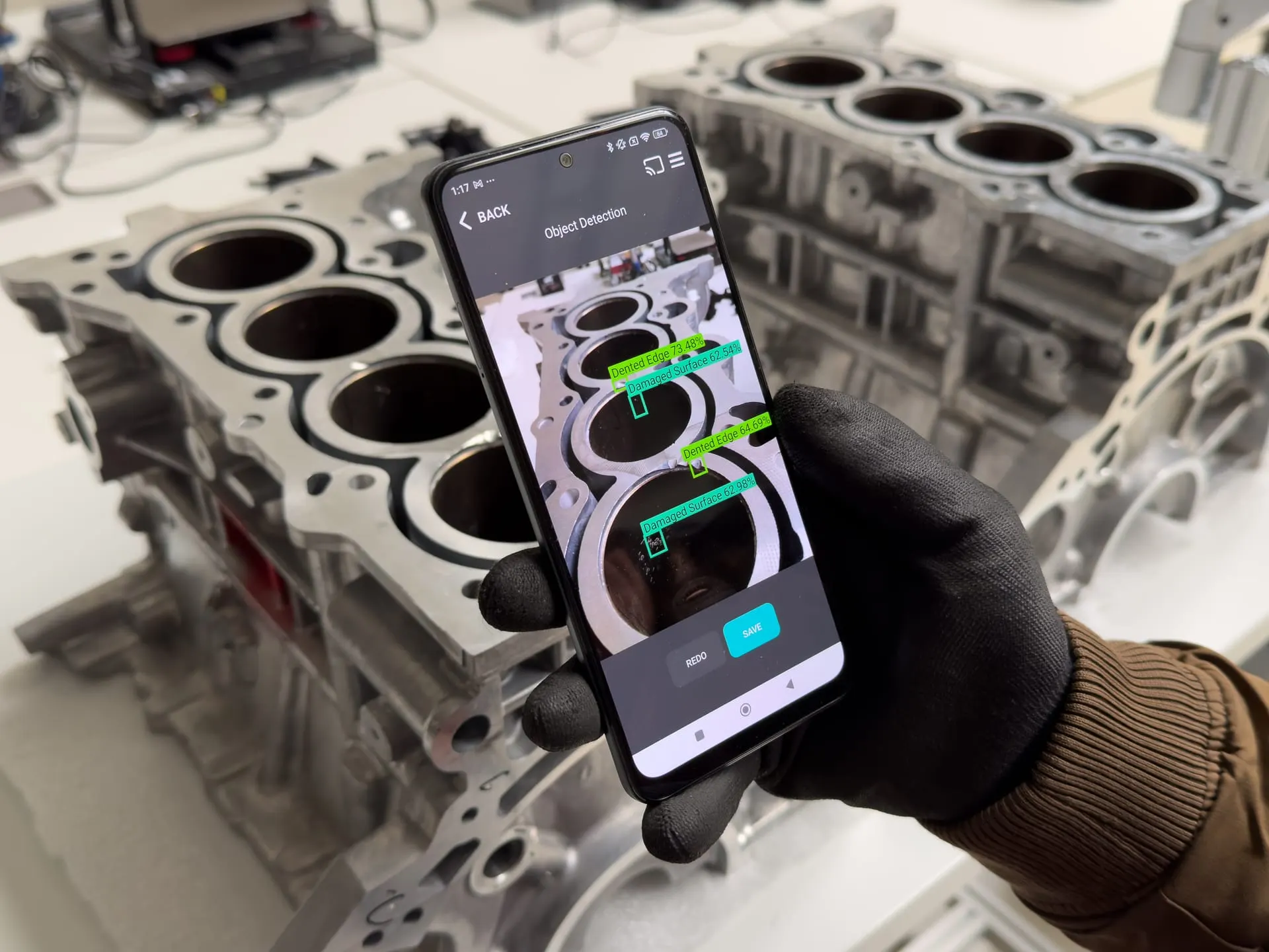 Operator using Dropslab mobile object detection on an engine block
