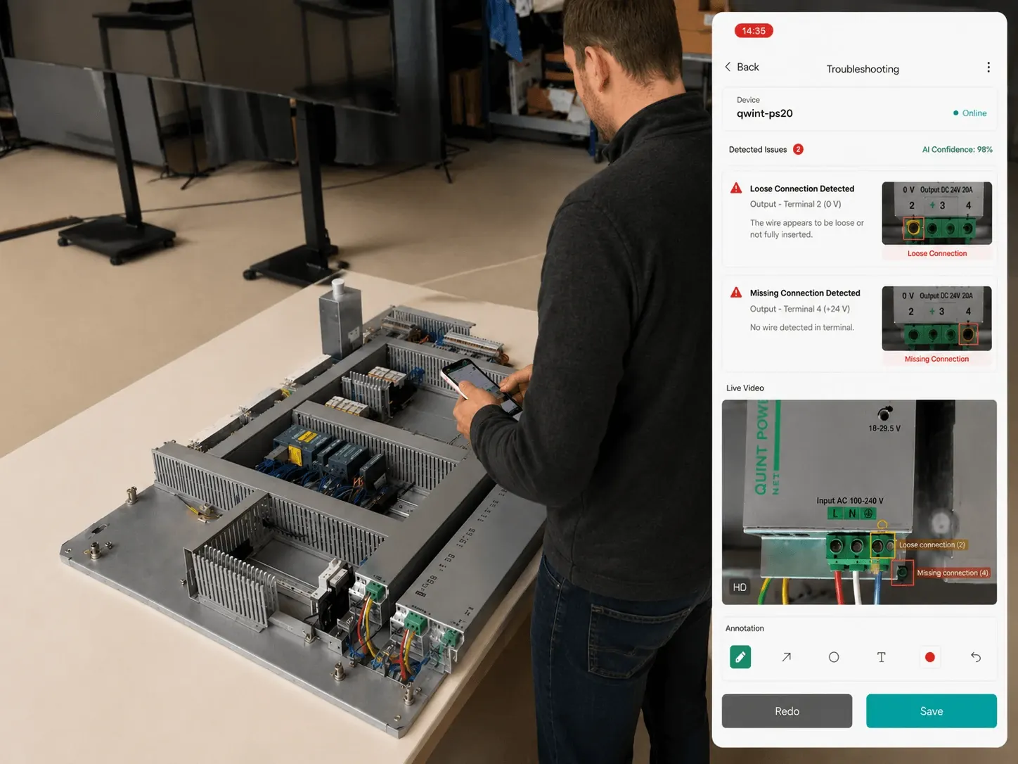 Maintenance technician at an opened control cabinet using the Dropslab troubleshooting view on a phone: two detected issues with live video and AR annotations