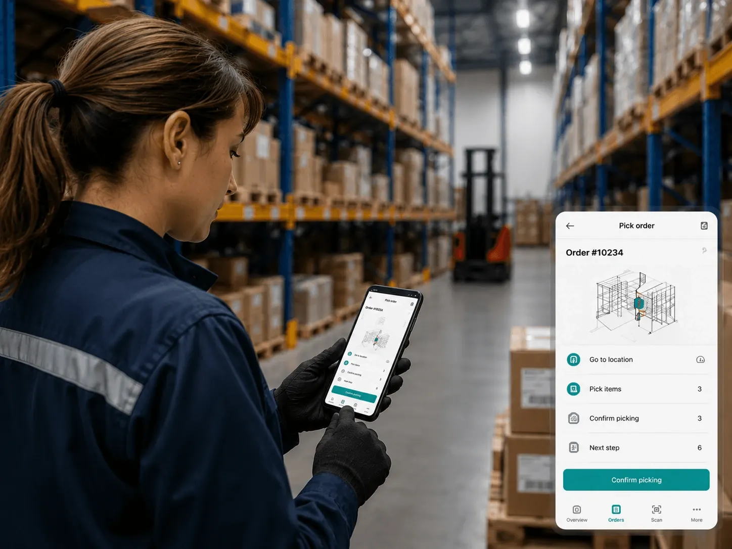Warehouse picker in a distribution-centre aisle using the Dropslab mobile app to pick an order: go to location, pick items, confirm picking